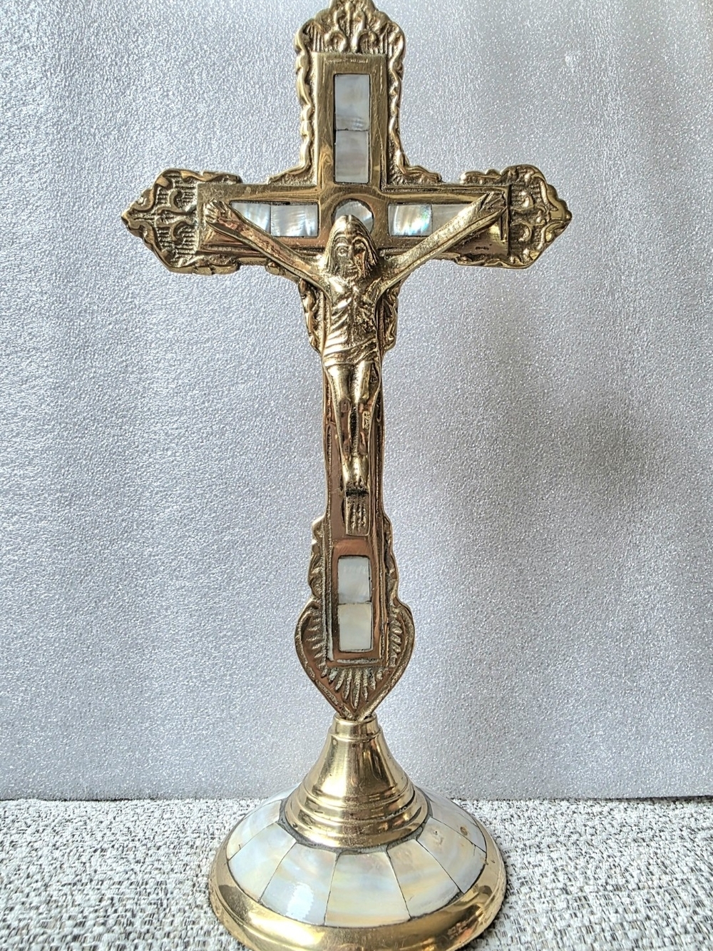 Vintage Brass & Mother of Pearl Standing Crucifix - Altar Tabletop Cross, 10"